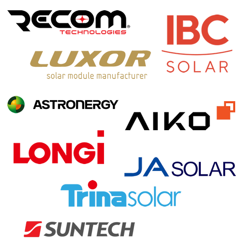 Logo Photovoltaik Hersteller Solarmodul Trina Solar, IBC SOLAR, Recom, Luxor, AIKO, Astroenergy, Longi, Ja Solar, Suntech