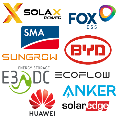 Logo Photovoltaik Hersteller Stromspeicher Huawei, Solax Power, BYD, Anker, SMA, Solaredge, FOX ESS, Sungrow, ECOFLOW, E3DC