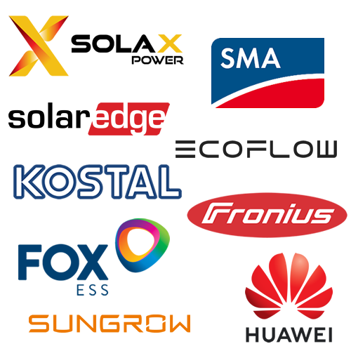 Logo Photovoltaik Hersteller Wechselrichter Huawei, Solax Power, Kostal, Fronius, SMA, Solaredge, FOX ESS, Sungrow, ECOFLOW